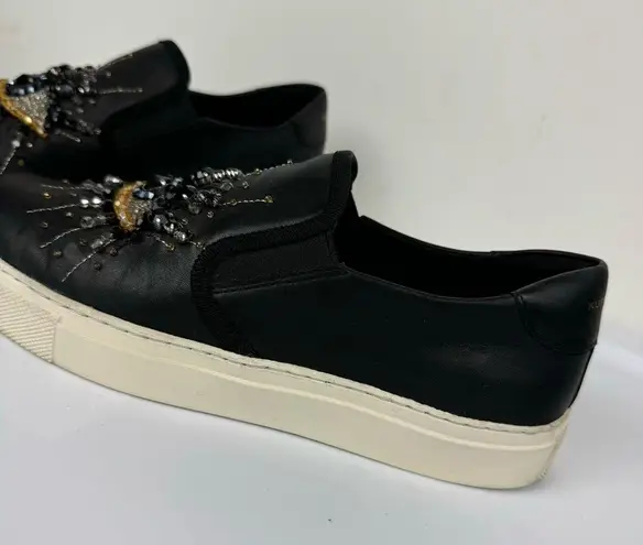 Kurt Geiger Leah Embellished Slip On Sneaker Black Leather Eye Sz 6.5 Womens