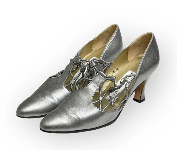 Evan Picone Vintage: β Lattice Mary Janes Heels Pumps β Metallic Silver Leather