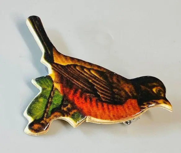 Vintage Die Cut Bird Jewelry Pin Brooch Marked Louise Handwritten Fall Colors