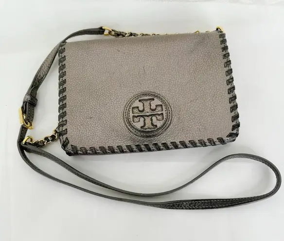 Tory Burch Marion Combo Crossbody Purse Wrinkled Leather in Gunmetal