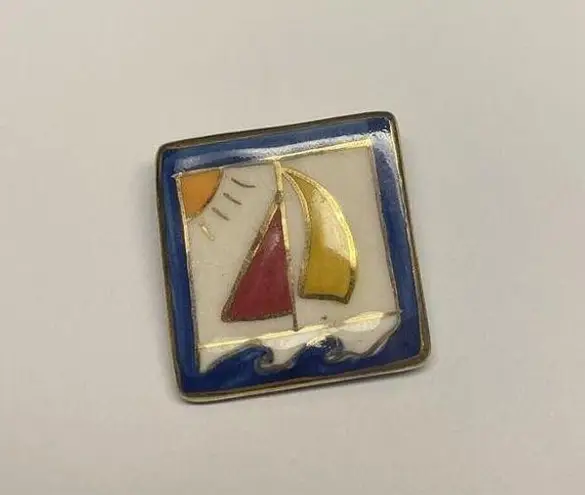 Hand Made Hand Crafted Ceramic Brooch Pin Sailboat Boat Hand Painted