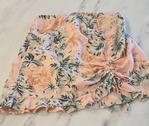 Dizzy Gal Peach & Green Tropical Ruffle Hem Cinched Side Mini Skirt Large