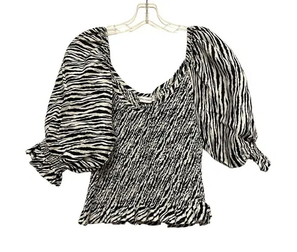 Faithfull the Brand Tani Smocked Linen Blouse Size 8 Zebra Puff Sleeve Ruffle