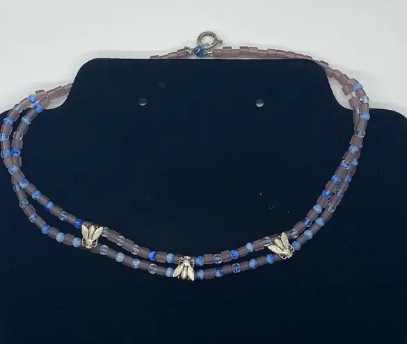 Fly Necklace Double Strand Purple & Blue Choker Necklace w Metal Flies