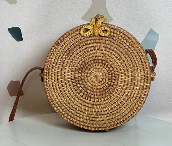 Rattan Round Canteen Crossbody Boho Handbag Purse Brown