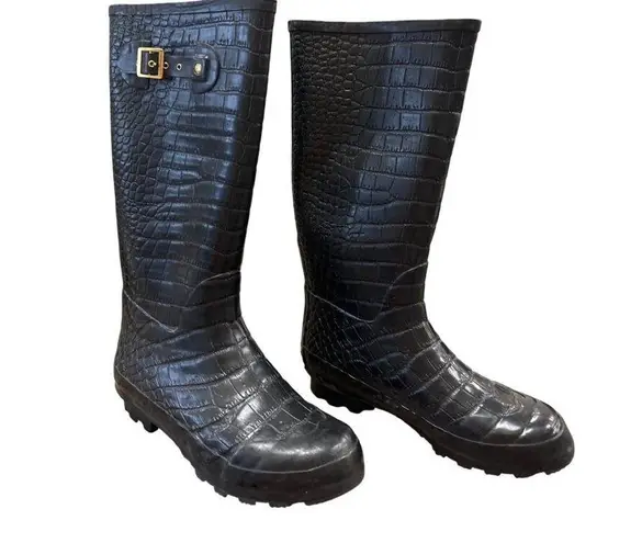 Khombu Womens Black Crocodile-Embossed Rain & Snow Boots Size 10