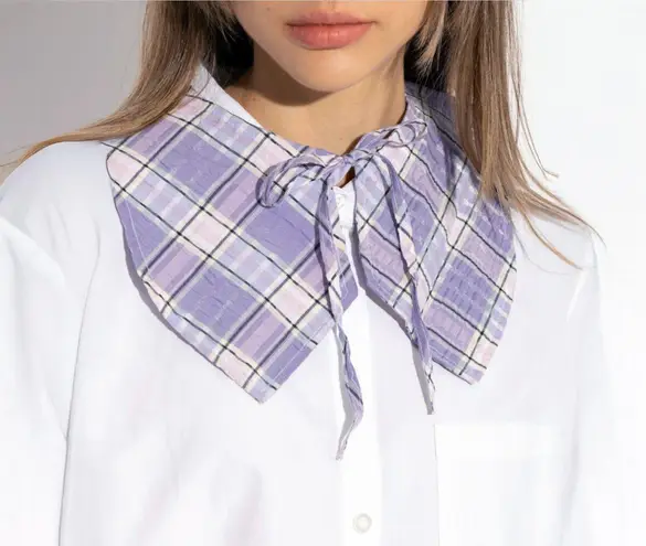 Ganni Collar Tie Neck Seersucker Check Diamond Purple Plaid One Size Cottage