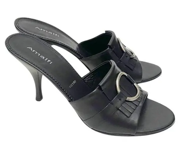 Amalfi Black Italian Leather Fringe Slip On Heel Size 9