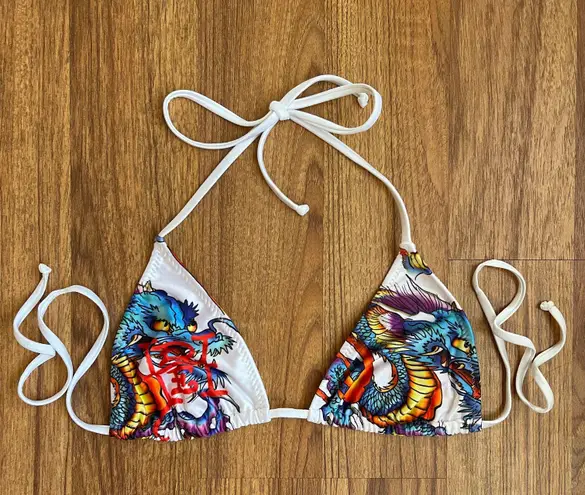 Ed Hardy Vintage Y2K Rare White Blue Dragon String Triangle Edgy Bikini Set