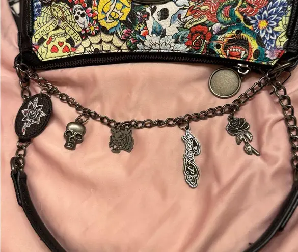 Ed Hardy Tattoo Print Shoulder Bag with Skull & Rose Charms