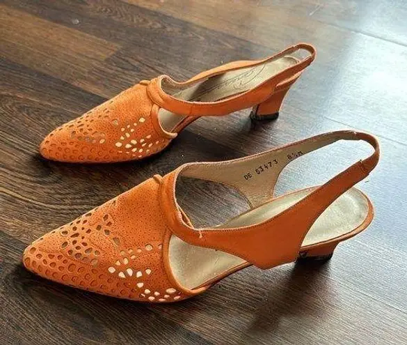 Caressa Vintage Suede Sling Back Laser Cut Heels Burnt Orange 8.5