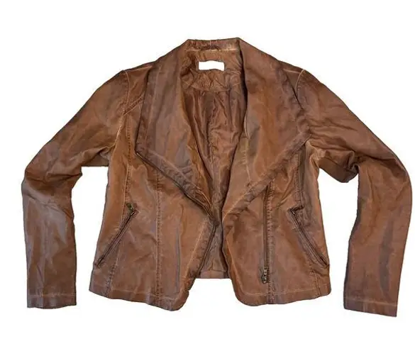 Bagatelle VTG Women M Biker Moto Jacket Brown Faux Leather Vegan Zippers Zip EUC