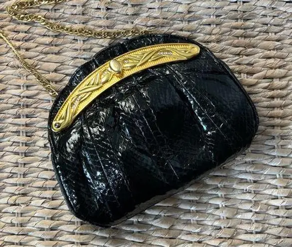 Vintage 80s, Black Snake Skin Shoulder clutch Bag Purse Gold Accents Crystals