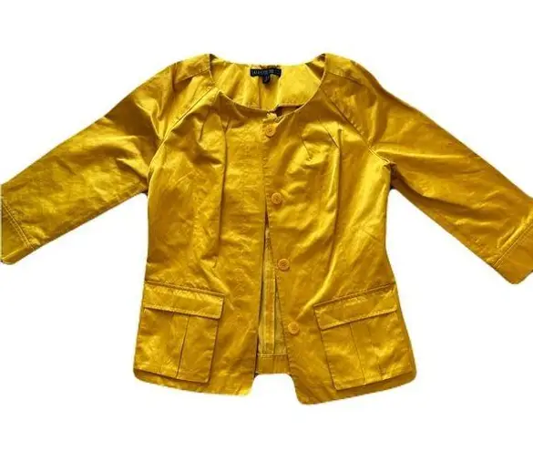 Lafayette 148 Women's Mustard Button-Up Blouse Jacket Size 6 Satin 3/4 Sleeve
