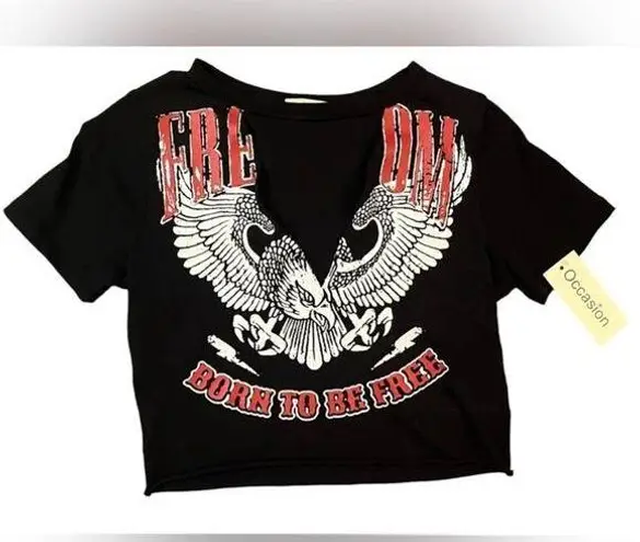Occasion Biker Crop Top Womens Size Large Black Low V Neck Cutout Eagle New