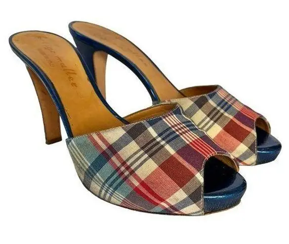 Bettye Muller Roulette Platform Slide Heels - Tartan Plaid Metallic Blue Mules