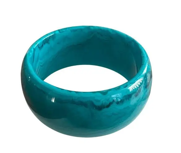 Turquoise Marbled Wide Resin Bangle Bracelet For Women Size 7inch Boho Beach Blue