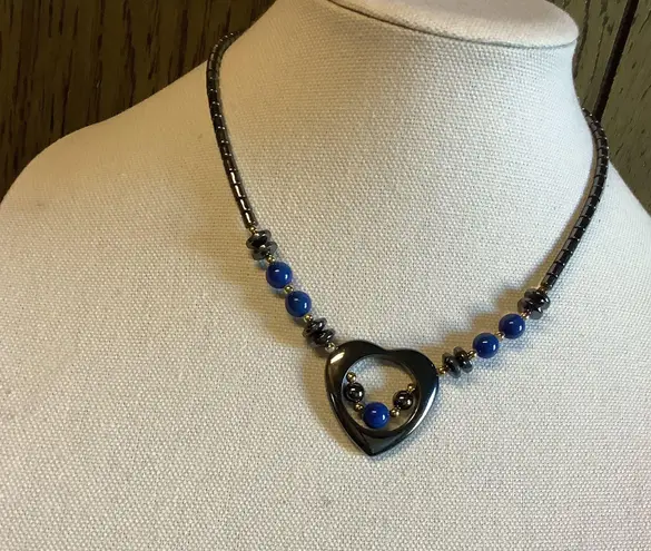 Y2K Blue Sliver Beaded Heart Necklace 17”