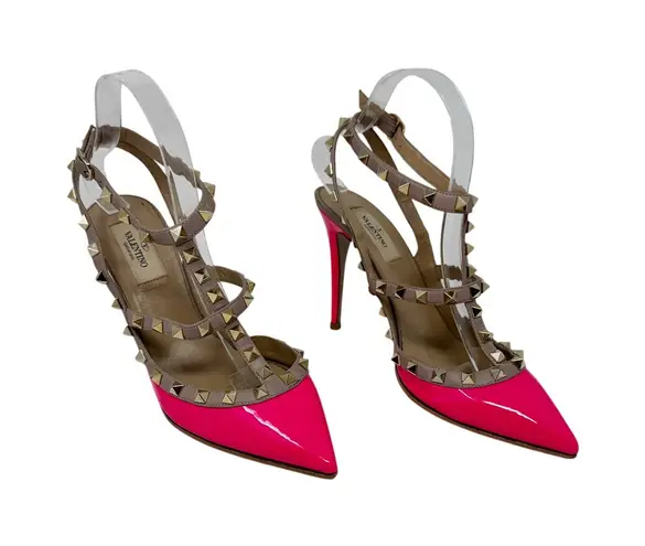 Valentino Garavani Valentino Rockstud Hot Pink Patent Slingback Heels Neon Studded Pumps EU 38.5