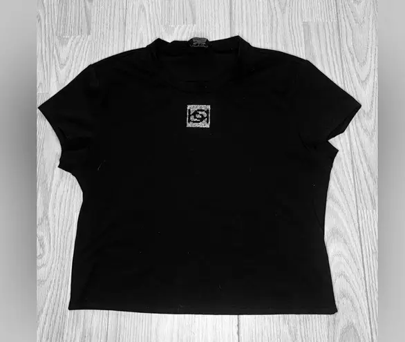 Bebe  Women’s Black Rhinestone Cropped Short Sleeve Top