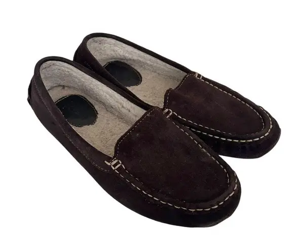 LL Bean Brown Suede Sherpa Lined Slippers Moccasins Sz 9