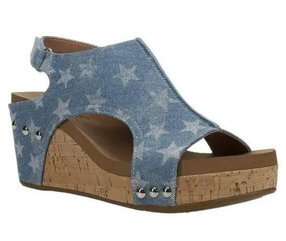 Corkys Carley Patriotic Star Studded Denim Slingback Wedge Sandals Blue Size 9