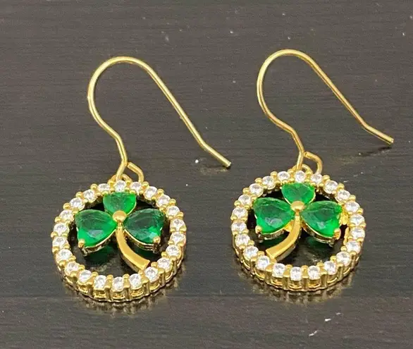 Goldplated CZ Emerald Green Crystal Glass Shamrock Lucky Clover Leaf Earrings
