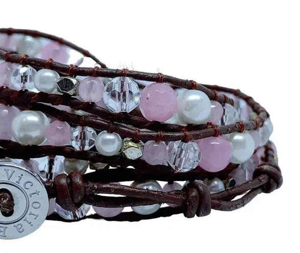 Victoria Emerson  Brown Leather Wrap Bracelet With Pink Pearls