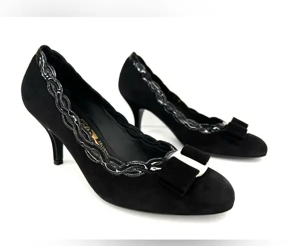 Salvatore Ferragamo CARLA 70mm BLACK SUEDE WITH SCALLOPING TRIM BOW PUMPS SIZE 4