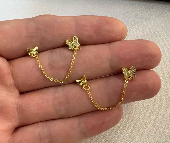 Double Piercing Dangle Chain Butterfly Earrings for Women Gold