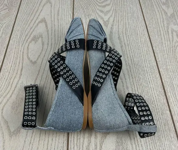 Steve Madden  Bryar Wrap Ankle Strap Flats 10 Denim & Black Faux Leather $90