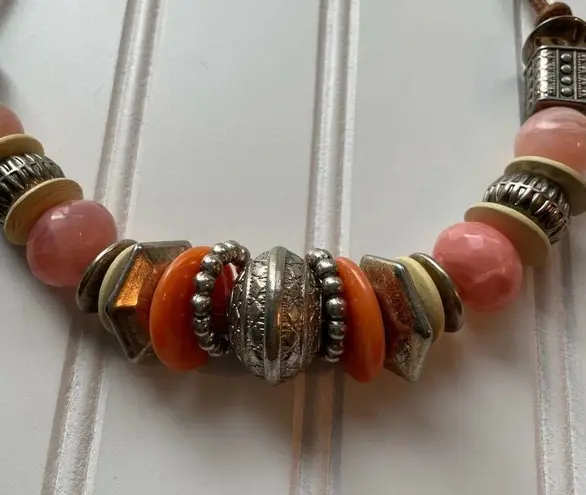 Beaded Necklace Chunky BOHO Leather Cord Orange Pink Gold Bougie Fashion Jewelry