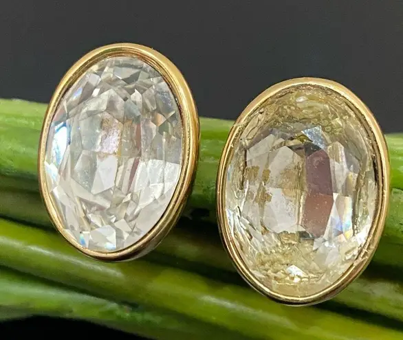 Givenchy Vintage New York Goldtone Oval Clear Crystal Rhinestone Clip Earrings