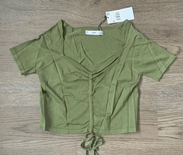 Mango  WOMEN Ruched Short Sleeve Square Neck Cropped Tee - Size M - Green - NWT