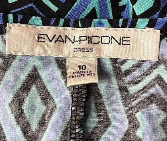 Evan Picone Pattern Faux Wrap Midi Dress Blue Teal Black Size 10