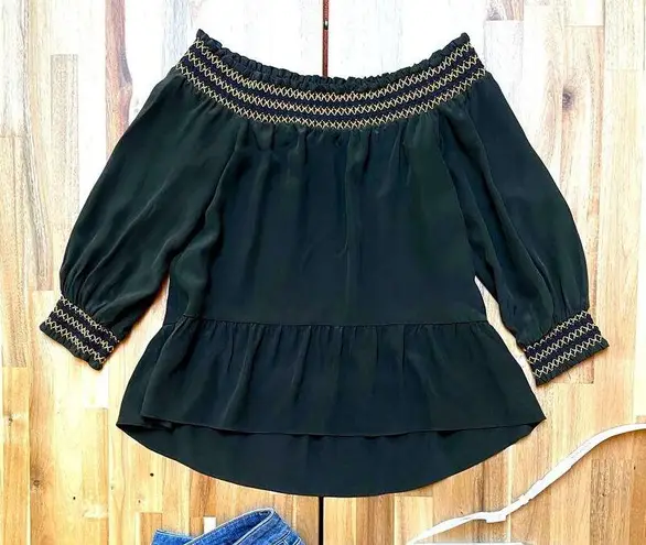 Whistles Off Shoulder Mandy Silk Cropped Boho Bardot Peplum Top Olive Size 2