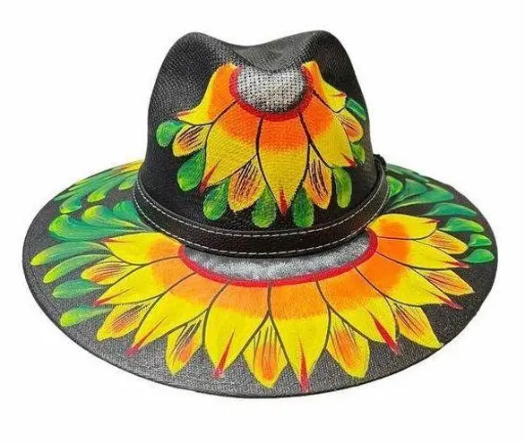 HAT MEXICAN Artisanal Hand Painted Fedora Sunflower Sombrero Panama Bohon Black