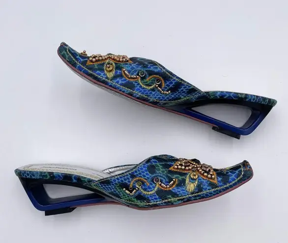 JohnFashion Women's Embellished Beaded Wedge Heel Mules Size 7 Bohemian Colorful Blue