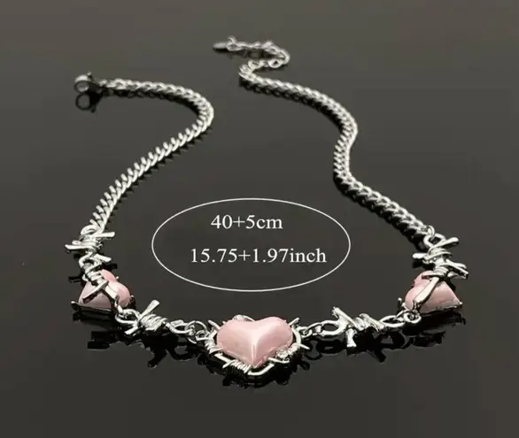 Creative Pink Love Heart Silver Plated Chain Necklace Punk Y2K Style‎ Neck