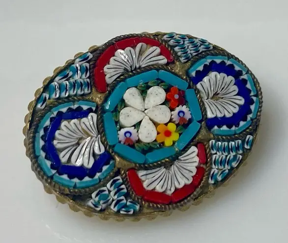 Antique 1920s Italian Micro Mosaic Floral Brooch β Oval, 1.25β Red