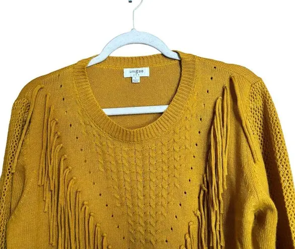 Umgee  Sweater Womens Large Yellow Boho Fringe Pullover Long Sleeve Sweatshirt