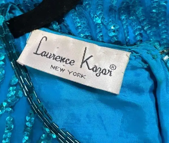 Laurence Kazar Vintage 80s Turquoise Sequin Shiny 100% Silk Dress