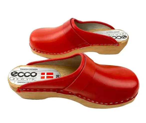 Ecco * Clog Womens EU 36 Red Leather Open Back Wood Sole Anatomic Danish Design