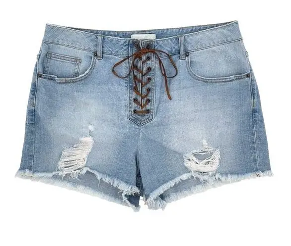 Forever 21 Y2K  Lace-up Jean Shorts Women's Size 12 Light Blue Distressed Denim - Image 1