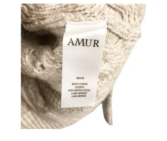 Amur Ulla Women's Size Large White Fringe Tan Cable Knit Wool Sweater