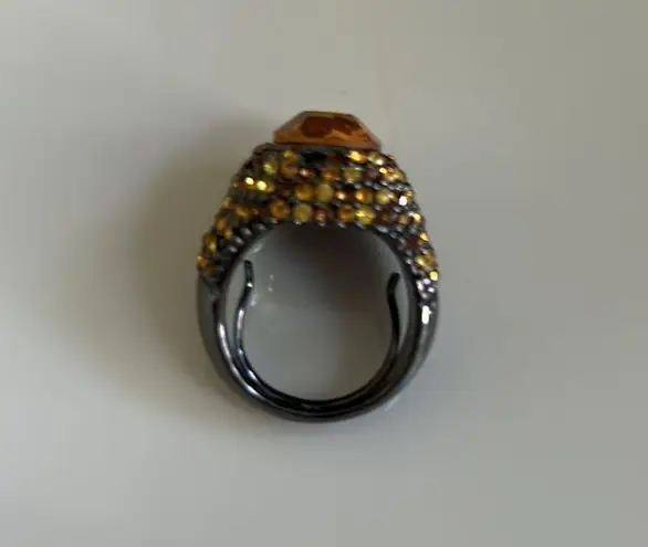 Kenneth Jay Lane Smoky Gray Metal & Amber Rhinestone Ring sz 7/7.5 Orange