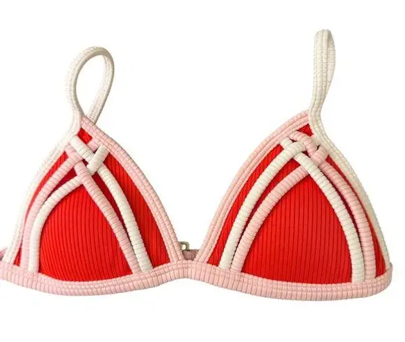 One 5 One ONEONE Red Ribbed Triangle Bikini Top Padded Braided Straps Size S