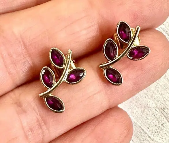Small and dainty gold tone and purple post leaf earrings