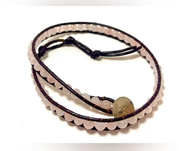 Genuine Leather and Rose Quartz Artisan Made Wrap Bracelet New Brown