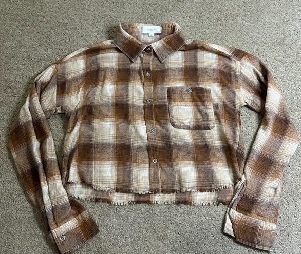 No Comment NY-LA Juniors Small Plaid Flannel Cropped Button Up Shirt Fringe Hem - Image 1